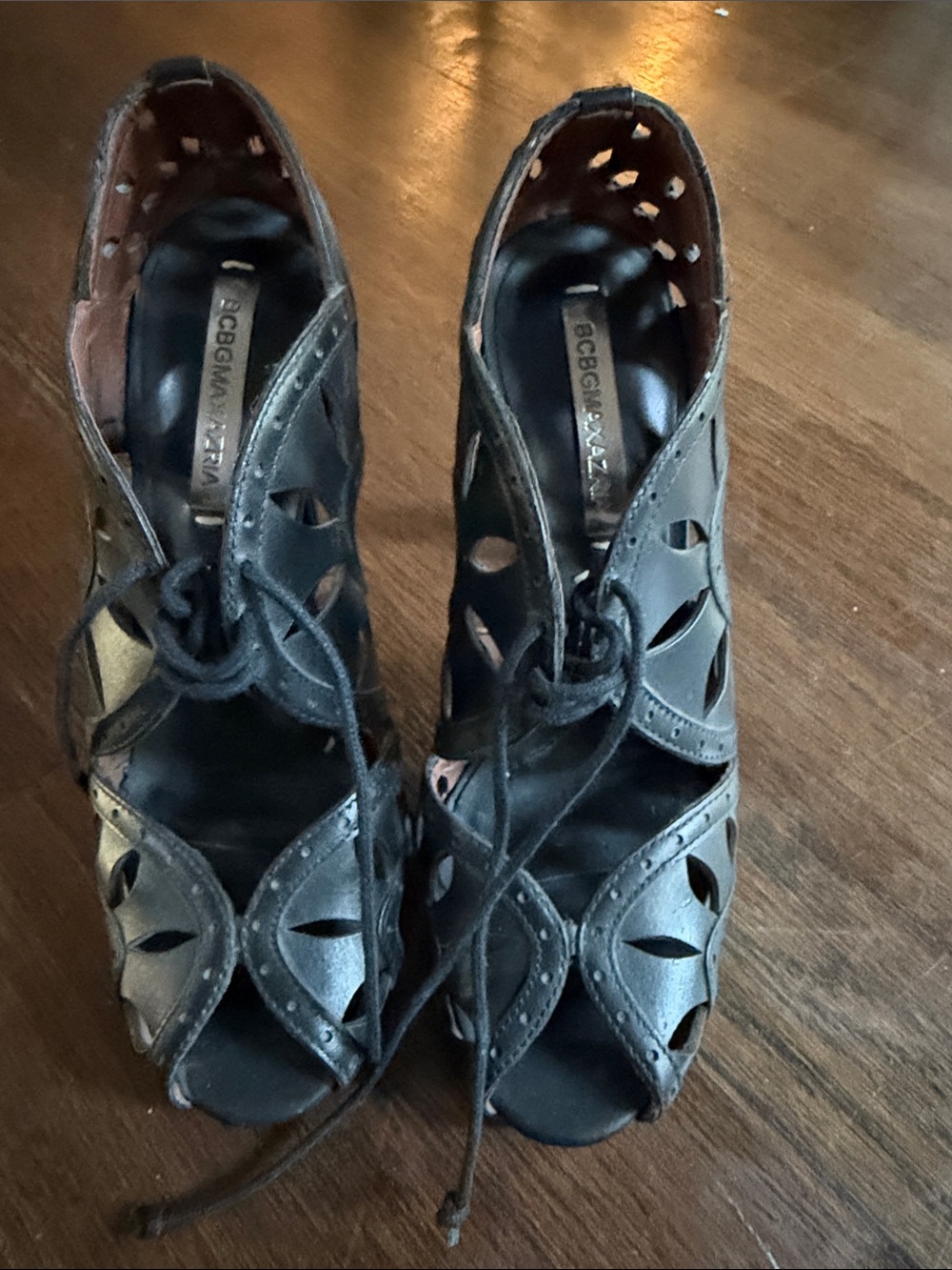 BCBGMaxAzria Black Cutout Lace-Up Peep Toe Heels size 7.5